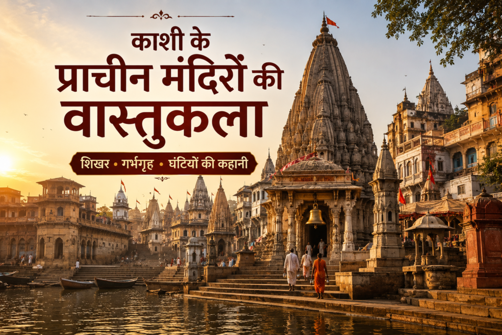 काशी के प्राचीन मंदिरों की वास्तुकला और शिखरों का वाराणसी घाट से दृश्य