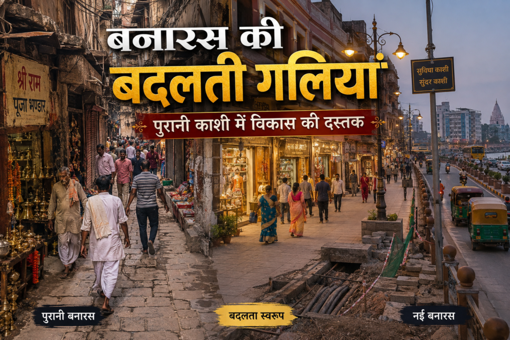 बनारस की पुरानी गलियों में बदलते infrastructure और शहरी विकास को दर्शाता दृश्य