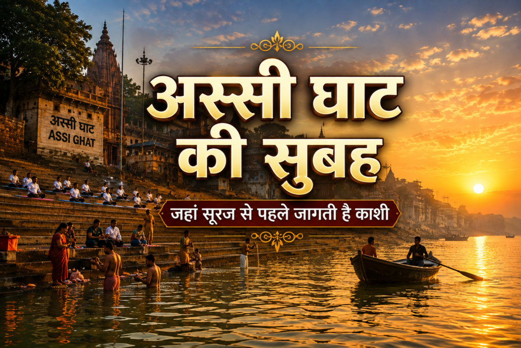 वाराणसी के अस्सी घाट पर सूर्योदय और सुबह-ए-बनारस का दृश्य